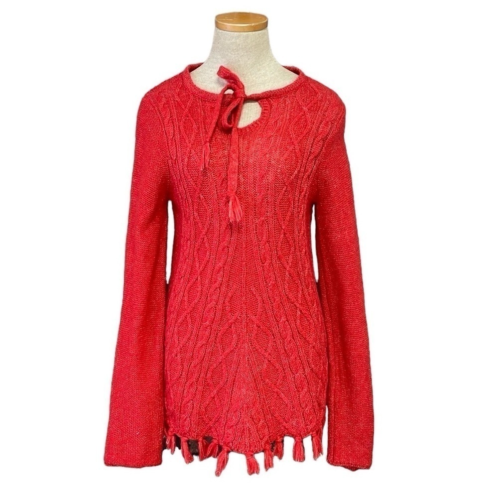 Prana Sweater Women's S Small Red Cable Knit Pullover Long Sleeve Tassles